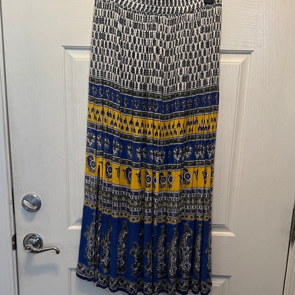 EARTHBOUND Blue, Yellow & White Patterned Boho Maxi Skirt